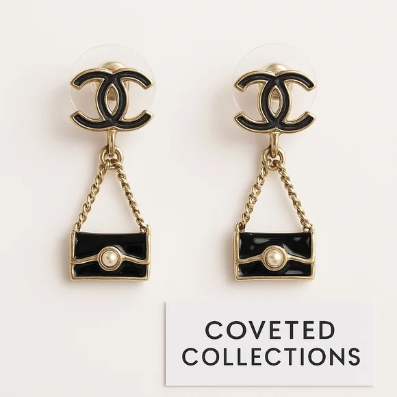 Chanel Black Enamel Bag Dangle Earrings with Pearl Accent Authentic Vintage - Picture 1 of 10